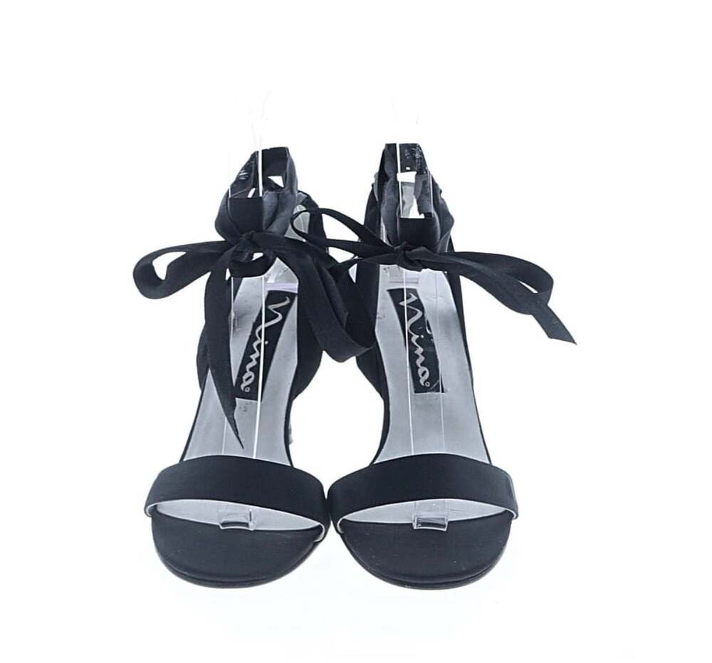 Nina Black Satin Ribbon Ankle Wrap Stiletto Heel Sandals